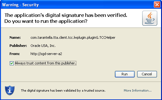 Java Technology Security Warning Dialog Box